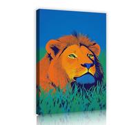 SHENGPOSTER Acuarela Animales Lienzo Cuadro Prado VerLeón Naranja Cielo Azul Estirado y Enmarcado Giclee Arte Pared para Habitación Guardería Dormitorio 80x120cm Marco Interior