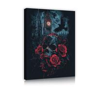 SHENGPOSTER Arte gótico londinense Big Ben Wall Arte la torre del reloj Cuadro rosas rojas con calavera | Cartel arte esqueleto magia oscura Night Crows para el cuadro interior la habitación 40x50cm