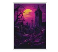 SHENGPOSTER Arte mural de lienzo de cementerio de horror, ilustración de campanario encantado, Noche oscura, bosque de calazabazas, grabados murales para decoración de salón, sin enmarcar 40x60cm