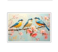 SHENGPOSTER Arte mural de lienzo de Tres Pajaritos Estilo Pintura al Óleo de Pecho Azul Rama de Melotonero Estampado Póster sin enmarcar Decoración del salón 70x105cm
