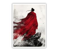 SHENGPOSTER Arte mural de lienzo lavado de tinta oriental Figura misteriosa con túnica roja fluida entre montañas brumosas Grabados en lienzo para estudio o meditación espacio sin marco 40x60cm