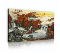 SHENGPOSTER Arte paisaje chino en lienzo Arte mural Gran Fortuna por delante Pinturas rojas otoño en montaña y cascada Obras arte para decoración del salón Marco interior 40x70cm