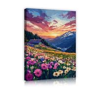 SHENGPOSTER Estampados de paisajes al atardecer Campos de flores coloridos Cabaña en la montaña Atardecer Montañas lejanas Arte mural Decoración de pared Listo para colgar Marco interior 90x120cm