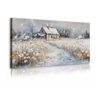 SHENGPOSTER Estética campestética de lienzos Grabados Cabaña nevada Margarita Flor blanca Bosque Paisaje invernal Arte mural listo para colgar Decoración mural de granja Marco interior 20x40cm