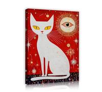 SHENGPOSTER Fantasía surrealista Arte mural de gato blanco Decoraciones del hogar Ojos misteriosos y lienzo de luz de estrella Arte mural para salón Dormitorio Marco interior rojo 80x96cm