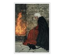 SHENGPOSTER Impresion en lienzo bruja gotica vintage sin marco, Pintura en lienzo chimenea cuento gato negro, pieza biblioteca dark academia 90x135cm