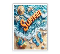 SHENGPOSTER Impresiones lienzo arte mural 3D oceano playa verano sin marco, Cuadro ola mar arena conchas chanclas para deco salon lounge 85x110cm