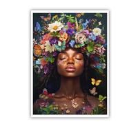 SHENGPOSTER Mujer con arte de pared bohemio chic adornada con una vibrante corona de flores silvestres y mariposas revoloteantes Cuadro de lienzo para la pared sin marco 30x45cm