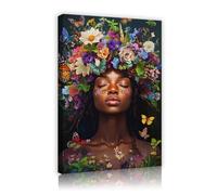 SHENGPOSTER Mujer con arte de pared boho chic adornada con una vibrante corona de flores silvestres y mariposas revoloteantes Cuadro de lienzo para decoración de pared 65x85cm