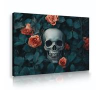 SHENGPOSTER Romanticismo gótico Decoración estética de pared Calavera rosa en hojas azul verdosa Impresiones de lienzo Arte mural para dormitorio principal Decoración interior del pasillo 85x120cm