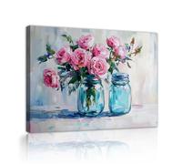 SHENGPOSTER Rosas pastorales frescas, flores, arte mural, frascos de cristal azul cielo, impresionistas de lienzos, salón, oficina, alojamiento, decoración mural, marco interior 38x50cm