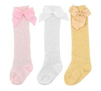 Shengxi 3 Pares Calcetines con Lazo Hasta la Rodilla para Niña Calcetines Españoles de Princesa Dulce Medias de Malla de Punto para Bebés Calcetines de Vestir para Niño 0-2 años