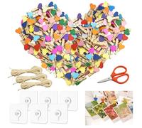 SHENSAIGO 100 pinzas de madera con forma de corazón, pequeñas, coloridas, de madera, mini pinzas para la ropa con cuerda de yute de 30 m, tijeras, 6 ganchos autoadhesivos, 3,5 cm, pinzas pequeñas para