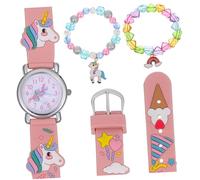 SHERCHPRY Conjunto De Pulsera y Reloj para Niña, Reloj De Cuarzo Diseño De Unicornio y Correa Rosa, Pulseras De Perlas Cuentas De Corazón y Unicornio, Kit para Niños Uso Diario y Fiesta