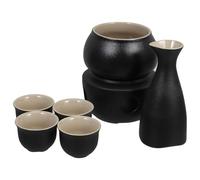 SHERCHPRY Juego de Calentador de Vino de Cerámica Negra con Hornillo y Tazas Tradicionales Japonesas para Sake Tetera Resistente para Bebidas Calientes y Frías Adecuado para Hogar y
