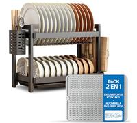 Shernax Escurreplatos Acero Inoxidable con Alfombrilla Escurreplatos, Escurridor de Platos 2 Niveles con Bandeja de Goteo y Soporte para Utensilios, Incluye Alfombrilla Escurreplato de Silicona