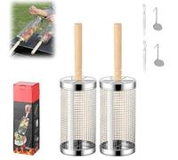 Sherum Rolling Grill Basket, Barbecue Stainless Steel Wire Mesh Cylinder, Stainless Steel Grill Basket with Wooden Handle for Shrimp, Meat, Vegetables, Outdoor Cooking Camping (Small 2pcs)