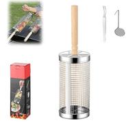 Sherum Rolling Grill Basket, Barbecue Stainless Steel Wire Mesh Cylinder, Stainless Steel Grill Basket with Wooden Handle for Shrimp, Meat, Vegetables, Outdoor Cooking Camping (Large)