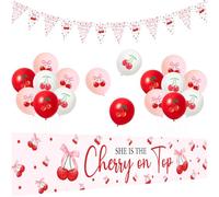 She's the Cherry on Top - Decoración de fiesta de cereza en la parte superior para baby shower, patio, banderín de cereza, globos de látex rojo y rosa para mujeres, baby shower, despedida de soltera