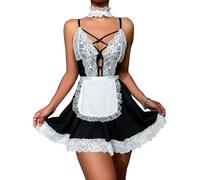 SHESHY Lenceria Sexy Mujer, Mujer Maid Cosplay Disfraz Francés Travieso Lindo Vestido de Encaje Lencería V Profunda Vestido, Ropa Interior, Pijama de Muñeca