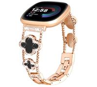 Shesyuki Correas de metal Versa, compatible con reloj inteligente Fitbit Versa 3/Versa 4/Sense y Sense 2, correa de reloj inoxidable de trébol de cuatro hojas de diamante para mujer (oro rosa/negro)