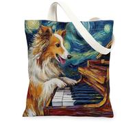 Shetland Sheepdog - Bolsa de lona para ir de compras de 13 x 15 pulgadas, diseño de piano nocturno de estrellas, reutilizable, bolsa de hombro para mujeres, decoración de regalo para mascotas