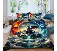 SHEVOVER Juego De Funda Nórdica Dragón Negro, Funda Nórdica Agua y Fuego 3D, Cielo Edrojoón De 3 Piezas para Niños Y Niñas, con 2 Fundas De Almohada Double（200x200cm）