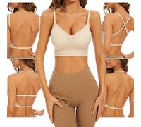 Shewant Brasier de espalda baja para mujer, sin varillas, sin costuras, sin espalda, tirantes multidirección, brasier halter convertible con relleno extraíble, beige, L