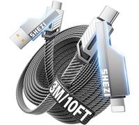 SHEZI Cable de carga múltiple 4 en 1, 100 W, USB C, cable de carga rápida, compatible con cable Lightning, nailon plano rápido para iPhone 17/iPad/Galaxy S25, varios puertos con L/USB A/C, 3 m