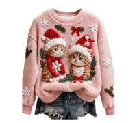 Shfebrinox Sudadera de franela con estampado de gato y perro, de gran tamaño, de forro polar, con temática navideña, acogedor, para festividades, ropa térmica de Navidad, Cpink, S