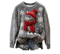 Shfebrinox Suéter de Navidad para mujer, divertido y lindo con estampado de gato y perro, sudadera de franela de Navidad de forro polar suave de gran tamaño, jersey de Navidad, suéter temático de