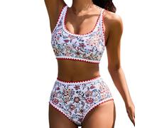 Shffuw Biquinis Traje De BañO Mujer Bikini Women's Sets Floral Print Whip 2 Piece Swimsuits High Waisted Bathing Suits BañAdor Barato (Pink, XL)