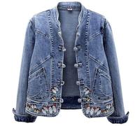 Shffuw Chubasquero Silla De Ruedastraje De Agua Para Zoto Chaqueta Elástica Ajustada Bordada China Retro Corta Otoño Para Mujer Chubasquero Bicicleta Mujer Primavera Blue Xxxl