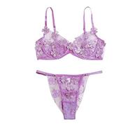 Shffuw Interior Mujer Sexy para Sexo San Valentin Encaje Flores Bralette Tanga Bustier Sexy G-String Bordado Sujetador Lencería Íntimos Interior Mujer Elegante Linceria para Purple S