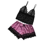 Shffuw Lingerie Sexy Mujer Fantasia Conjunto Lencería Camisola con Cuello En V De Encaje Satinado para Mujer Conjunto De Pantalones con Dormir Pijama Lenceria Sex Interior Hot Pink S