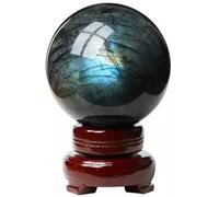 SHFTQXSLAT Rock Labradorite Sphere with Wooden Stand,Scrying Feng Shui Crystal Stone Sculpture Home Office Decor,3.54"(9cm)