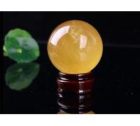 SHFTQXSLAT Yellow Calcite Ball,Quartz Crystal with Wooden Stand, Decorative Fluorite Sphere, Handcrafted Gemstone for Home Decor,70mm