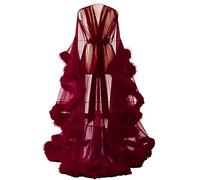 Shhyy Bata de Lencería para Mujer, Bata Kimono Transparente Larga, Ropa Interior Babydoll, Bata de Novia con Plumas,Rojo