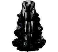 Shhyy Bata de Lencería para Mujer, Bata Kimono Transparente Larga, Ropa Interior Babydoll, Bata de Novia con Plumas,Negro