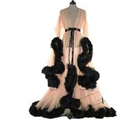 Shhyy Bata de Lencería para Mujer, Bata Kimono Transparente Larga, Ropa Interior Babydoll, Bata de Novia con Plumas,Flesh