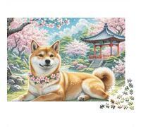 Shiba Inu Jardín Japonés Puzzle de 1000 Piezas Papel para Adultos Flores de Cerezo Relajación 70x50cm/1000pcs