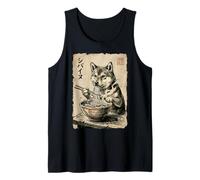 Shiba Inu Perro Comiendo Ramen Fideos Pintura Japonesa Vintage Camiseta sin Mangas