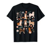 Shiba Inu Perro Flores, Lindo Mascota Rojo Negro Bronceado Blanco Sésamo Camiseta