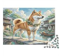 Shiba Inu Rompecabezas Premium de cartón de Shiba inu en Puente del Pueblo, Entretenimiento contra el aburrimiento, decoración del hogar 38x26cm/1000 Piezas