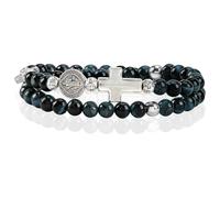 SHIEAGLELD Pulsera Ojo de Tigre Hombre, Pulsera Rosario Rosa Católicos con Cruz y Medalla de San Benito, Pulseras Hematita Natural Regalo Espiritual para Papá, Esposo y Chico, Azul