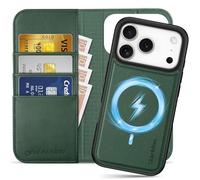 SHIELDON Funda Cuero Genuino con Tapa 2 en 1 para iPhone 17 Pro 6,3 Pulgadas 5G 2025, Billetera Desmontable de Cuero [Ranuras para Tarjetas][Cierre Magnético][Bloqueo RFID], Verde Medianoche