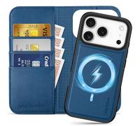 SHIELDON Funda Cuero Genuino Desmontable para iPhone 17 Pro 6,3 Pulgadas 5G 2025, Funda Billetera 2 en 1 [Bloqueo RFID][Tarjetero] Carcasa Magnética Soporte de Carga Inalámbrica, Azul Real