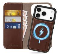 SHIELDON Funda Cuero Genuino Extraíble para iPhone 17 Pro 6,3 Pulgadas 5G 2025, Caso de la Cartera de Cuero [Bloqueo RFID][Ranura para Tarjeta][Cierre Magnético] Carcasa 2 en 1, Café Retro