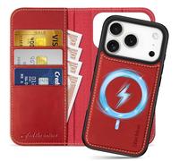 SHIELDON Funda Cuero Genuino Extraíble para iPhone 17 Pro 6,3 Pulgadas 5G 2025, Libro Carcasa Funda [Bloqueo RFID][A Prueba de Golpes] 2 en 1 Cartera Cubierta, Rojo Retro