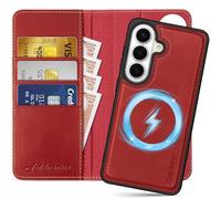 SHIELDON Funda Cuero Genuino Libro 2 EN 1 para Galaxy S26 6.3 Pulgadas 5G 2026, Billetera [Ranuras para Tarjetas][Bloqueo RFID] Magnético Extraíble, Funda de Piel, Rojo Retro